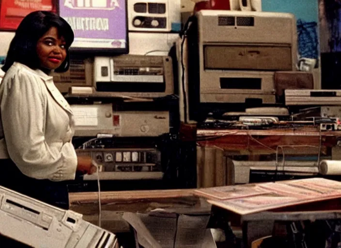 Image similar to cinematic shot of octavia spencer in an small used electronics store next to an old electronic keyboard, iconic scene from the paranoid thriller sci fi film directed by stanley kubrick, anamorphic cinematography, beautiful composition, color theory, leading lines, photorealistic, moody volumetric lighting