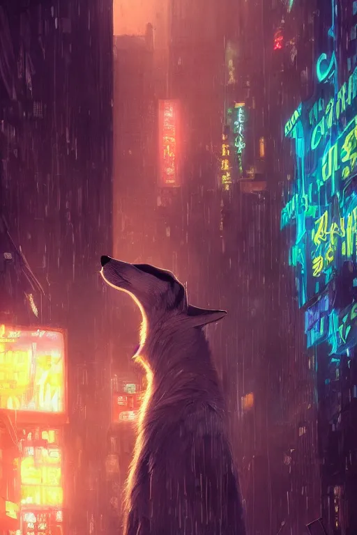 Image similar to beautiful portrait of a tall white female anthro fox smoking a cigarette towering head and shoulders above the bustling crowd of a rainy city street around her, cyberpunk, harsh neon lights, highly detailed, sharp focus, digital painting, illustration, trending on artstation, art by sakimichan, wlop, greg rutkowski