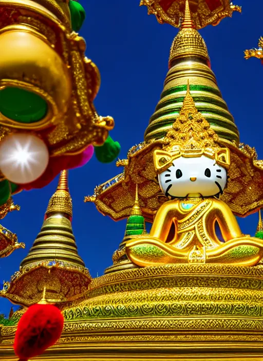 Image similar to emerald buddha temple designed by hello kitty, high lights, 4 k, high detailed photography, 5 0 mm lens, depth of field, cinematic