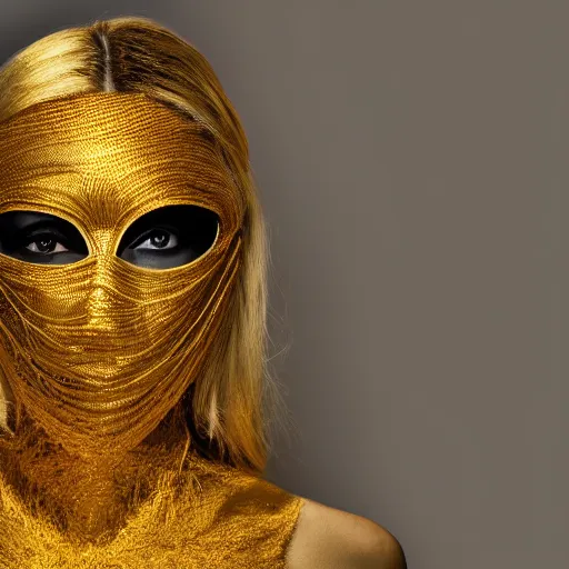 Prompt: a portrait of a woman wearing a mask over her mouth made out of golden wire, speculative fashion, highly detailed 8k photography, cinematic lighting, trending on artstation H 768