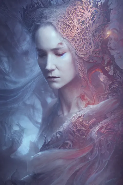 Image similar to Majestic poison queen , intricate, epic, elegant, menacing, fantasy, highly detailed, digital painting, hard focus, beautiful volumetric lighting, epic light, ultra detailed, Horror, souls, ghosts, smoke by Leesha Hannigan, Ross Tran, Thierry Doizon, Kai Carpenter, Ignacio Fernández Ríos