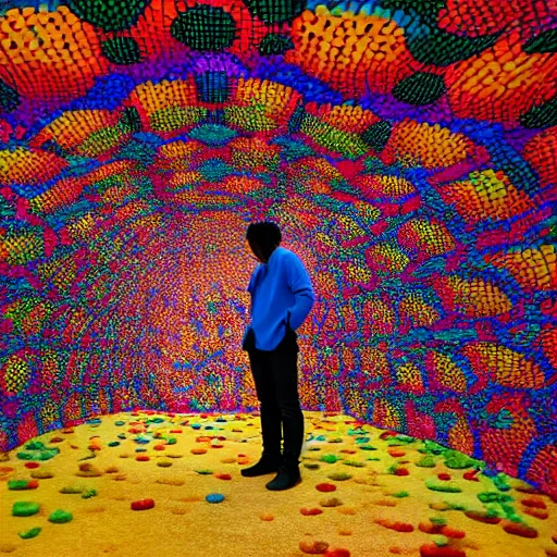 Prompt: a man standing in a tunnel with a colorful background, an abstract sculpture by huang ding, featured on dribble, interactive art, made of insects, biomorphic, irridescent