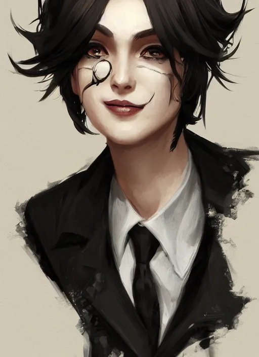Prompt: a highly detailed illustration of beautiful short black messy haired woman wearing single eyepatch and noir style suit and tie, dramatic smiling pose, intricate, elegant, highly detailed, centered, digital painting, artstation, concept art, smooth, sharp focus, league of legends concept art, WLOP