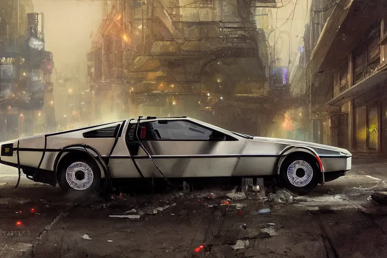 Image similar to photograph of the delorean, with a sleek spoiler, driving down the streets of a cyberpunk abandoned city, by greg rutkowski, by stanley artgerm, by alphonse mucha