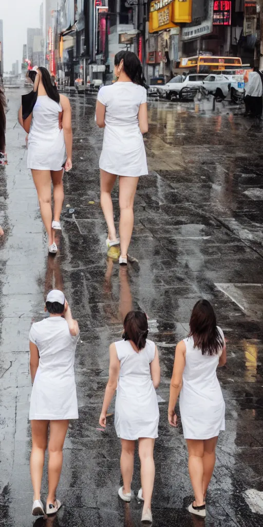 Prompt: 3 beautiful young woman plaque doctors wearing white wet short sun dresses walking toward the camera in the streets of a cyberpunk new york, 8 k, raining streets, wet streets,