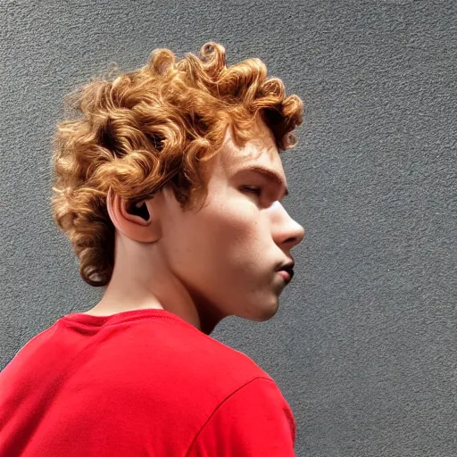 Prompt: red teenager with curly blonde hair red t shirt airpods attractive, high - quality photo realistic highly detailed high - quality 8 k