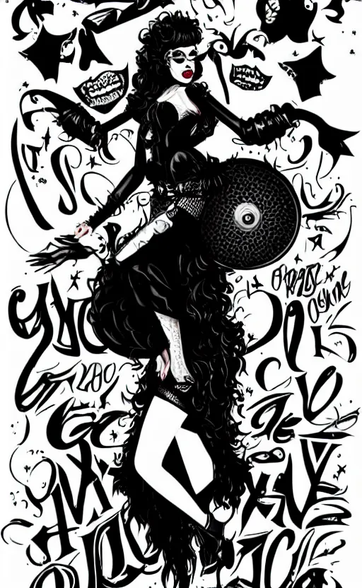 Prompt: of a goth girl burlesque psychobilly, rockabilly, punk, black hair, detailed face, white background, drawing, zoomed out, full body, illustration