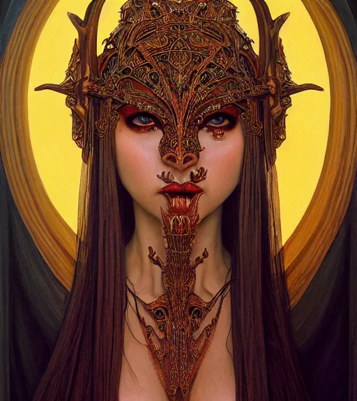 Image similar to symmetrical painting, a beautiful female succuba queen in hollow dress, pretty, gorgeous, attractive, stunning, inspired by queens blade, detailed and intricate, perfect body shape, perfect face, hypermaximalist, elegant, ornate, luxury, elite, matte painting, cinematic lighting, james jean, brian froud, wayne barlowe