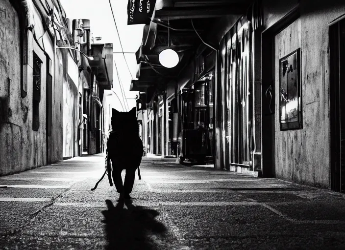 Image similar to photography of a Cat carrying a backpack . in a cyberpunk street. award winning photo, led lighting, night, 24mm, sharp, high res