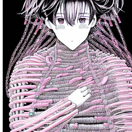 Image similar to hyper-detailed manga illustration of a human form made of pink patch cables, with a large modular synthesizer