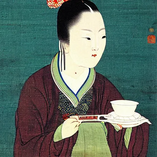 Prompt: the Chinese ancient painting of a lady drinking a cup of coffee in Tang Dynasty , by Han Xizai