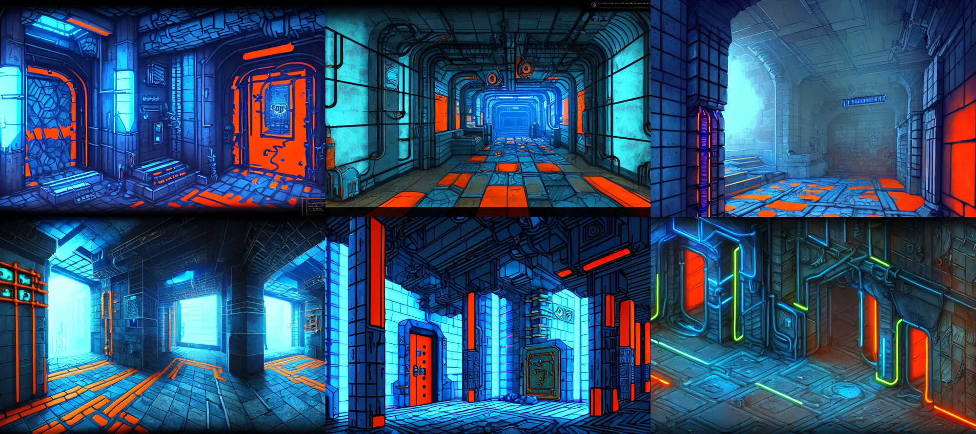 Prompt: slaughterpunk reclaimed futurepunk dungeon, ancient stone tiling, blue and orange neon lines along the wall, bluestone walls, trending on artstation. absurdly detailed linear hallway with doorways. wall fountain, treasure chest, cobwebs, digital readouts on a series of screens