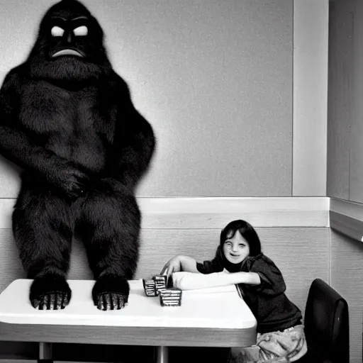 Prompt: A black and white photograph of Bigfoot sitting in a Mcdonalds