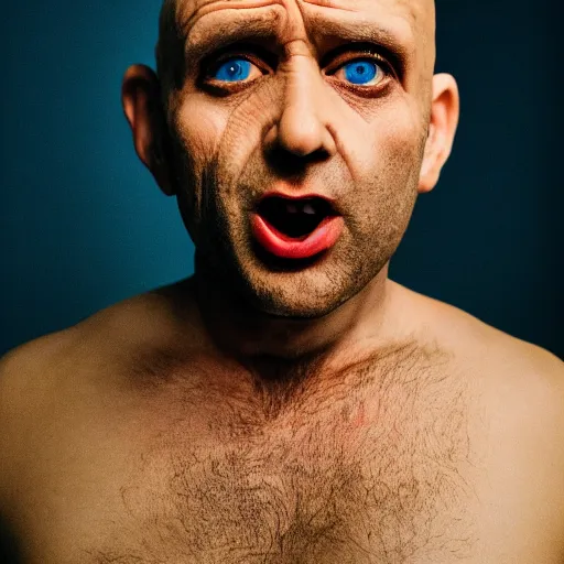 Prompt: portrait photo of a yellow - skinned bald wrinkly man with stubble and big eyes, he wears blue overalls no shirt, he looks like a human minion, moody cinematic lighting, realistic facial features, hyper detailed, crisp image, leica, 2 4 mm lens