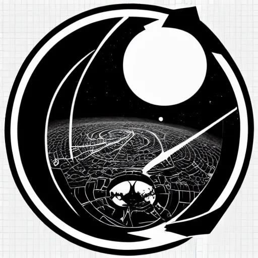 Image similar to tattoo png logo of black hole rising above city, city destroyed by shockwave, black hole with accretion disс, digital art, vector logo, sticker, black and white, art by brock hofer, marc simonetti