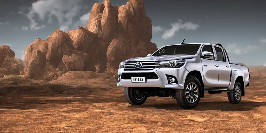 Image similar to toyota hilux, unreal 5, hyperrealistic, realistic, photorealistic, dynamic lighting, highly detailed, cinematic landscape, studio landscape, studio lighting