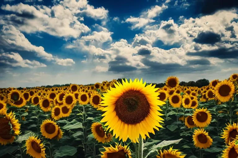 Image similar to portrait, photo of a dragonite smiling at the camera, beautiful, scene : sunflower field, colors : yellow sunflowers, cloudy sky, in a style of real - life natural photo