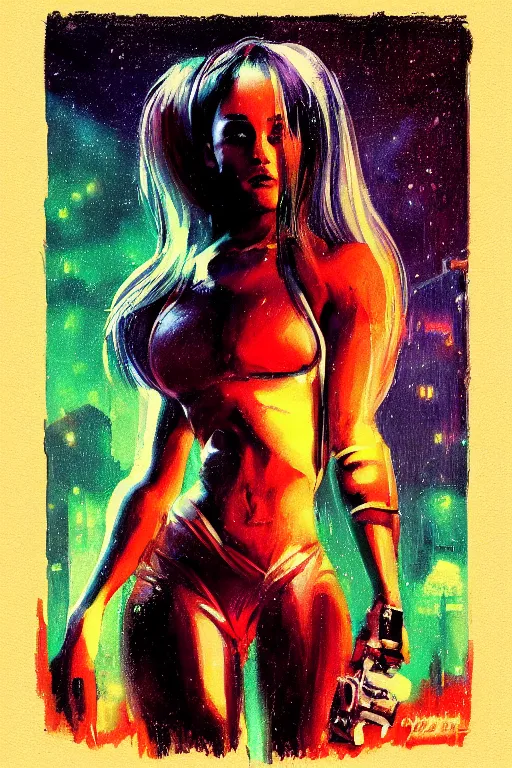 Image similar to body builder ariana grande, in the style of johan grenier and john picacio and alan m. clark, trending on artstation, bioluminescence tilt - shift blade runner 2 0 4 9, crayon art, futuresynth, splash art, post - minimalism