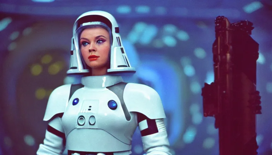Prompt: 1 9 6 0 s movie still of a beautiful female valkyrie space marine, scifi, 2 0 0 1 a space odyssey, star wars, star trek, cinestill 8 0 0 t 3 5 mm, high quality, heavy grain, neon, cyberpunk, shadowrun, high detail, panoramic, cinematic composition, dramatic light, ultra wide lens, anamorphic, flares