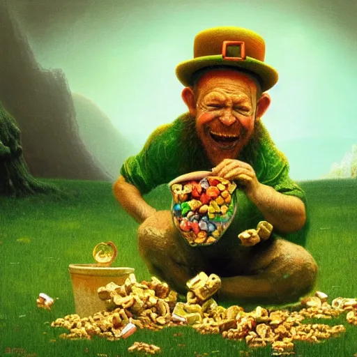 Image similar to scene of a leprechaun eating Lucky Charms cereal, digital painting by Zezislaw Beksinski, 4k wallpaper, masterpiece, beautiful, gorgeous, happy, wholesome, cheerful, cute