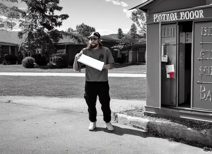 Image similar to dslr photo still of post malone as a postal worker mailman putting letters in mailbox and delivering packages to door, 8 k, 8 5 mm f 1 6