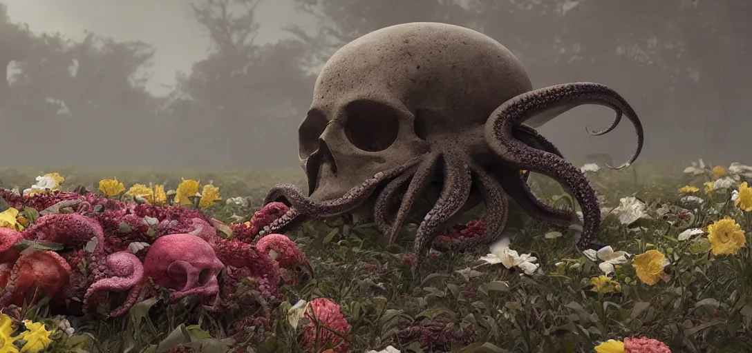 Prompt: an octopus in the shape of a skull surrounded by flowers at dawn with a crow, foggy, cinematic shot, photo still from movie by denis villeneuve, wayne barlowe