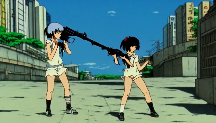 Image similar to 1 9 8 6 anime screencap of a girl with a gun on a rio de janeiro anime, by hayao miyazaki, studio ghibli, rio background extremely high quality artwork