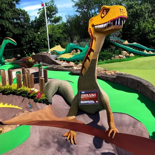 Image similar to dinosaur themed mini golf park, epic mini golf