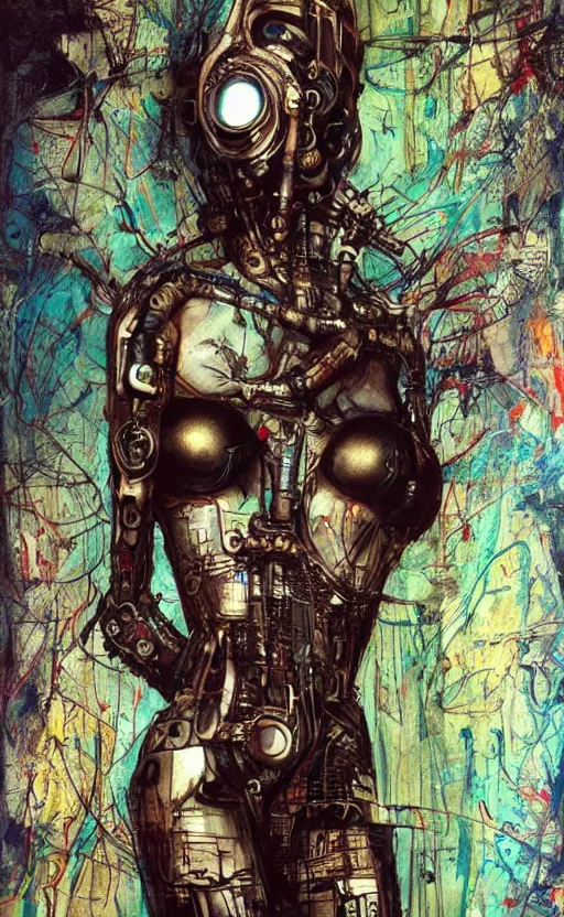 Image similar to woman made of mech mask rendered in unreal engine, full body, cyberpunk, rave, scifi, painted by albrecht durer | bernard buffet | carne griffiths | wlop