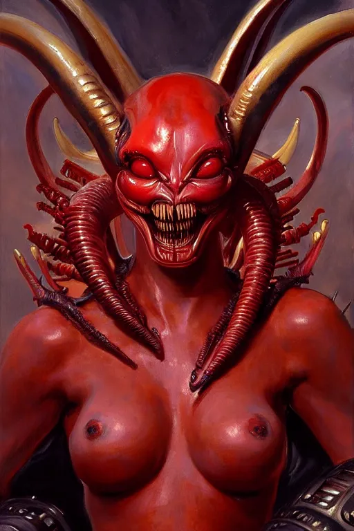 Image similar to painted close - up portrait of a very attractive red - skinned intimidating demon alien - xenomorph queen with ram horns! oil painting, wearing a noblewoman's outfit, fantasy art by john singer sargent and gaston bussiere and james jean and greg rutkowski, demon noble character design, hd