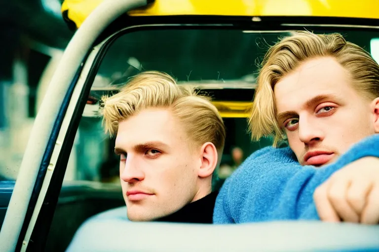 Prompt: candid photo of a Caucasian man sat in back of a UK taxi, Kodak Portra 400,8K,highly detailed: beautiful perspective extreme closeup portrait photo in style of 2000s retrofuturism, photography fashion edition, tilt shift, highly detailed, focus on man ;blonde hair;blue eyes, clear eyes, soft lighting