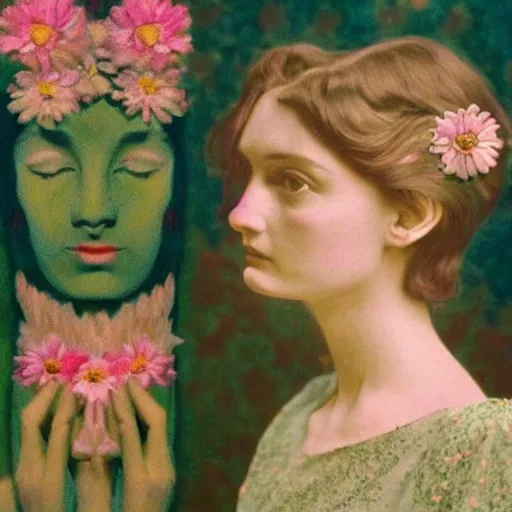 Image similar to a lot of flowers morphing in a beautiful girls face, film still by wes anderson, depicted by balthus, limited color palette, very intricate, art nouveau, highly detailed, lights by hopper, soft pastel colors, minimalist