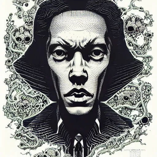 Image similar to portrait of hp lovecraft, symmetrical, by yoichi hatakenaka, masamune shirow, josan gonzales and dan mumford, ayami kojima, takato yamamoto, barclay shaw, karol bak, yukito kishiro