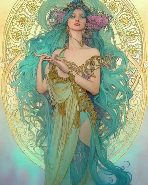 Image similar to an ethereal goddess with turquoise hair | highly detailed | very intricate | art nouveau | gold filigree | romantic storybook fantasy | soft cinematic lighting | award - winning | disney concept art watercolor illustration by mandy jurgens and alphonse mucha and alena aenami | pastel color palette | featured on artstation