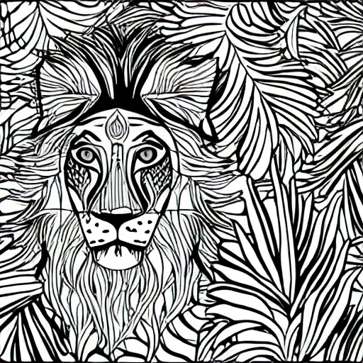 Prompt: Once upon a time there was a jungle where a lion appears in the middle of an esplanade, drawing sheet for coloring, thick black line, well defined, simple drawing