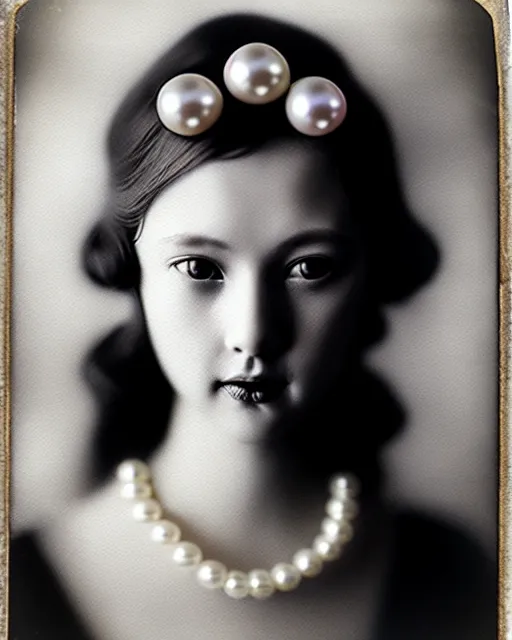 Image similar to [ [ [ [ [ [ tintype ] ] ] ] ] ] black and white dreamy young beautiful veiled female artificial intelligence, realistic pearl ornament in the face, long hair are intricate with highly detailed realistic pearls, cinematic, rim light, bokeh, photo - realistic, elegant, high detail, 8 k, masterpiece, photo taken in 1 9 3 0