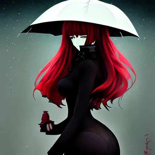Image similar to seductive female dullahan, in the rain, highly detailed, painting, dark red and black color palette, intricate, high quality anime artstyle, in the style of ilya kuvshinov