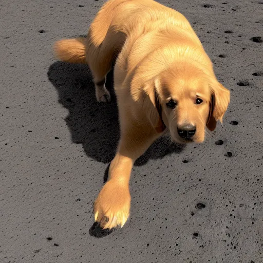 Prompt: a golden retriever dog on the surface of the moon, 3 d render, dramatic, photorealistic