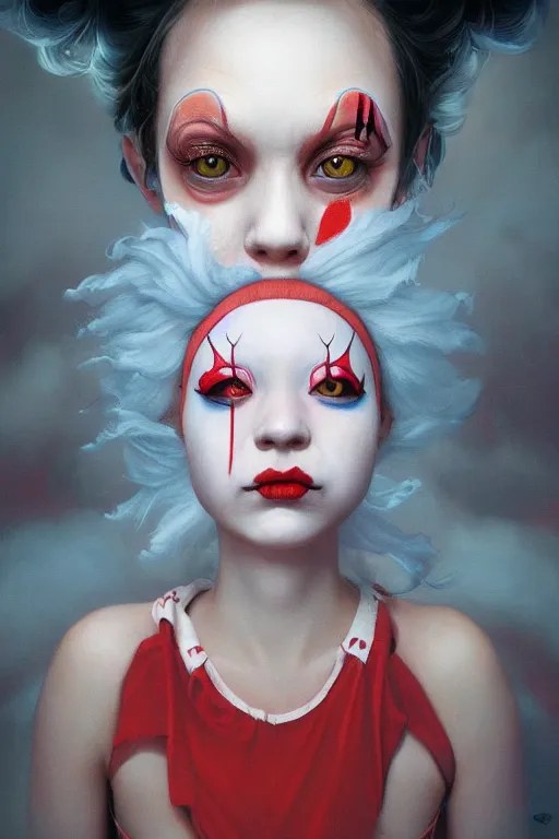 Image similar to breathtaking detailed painting of clown girl , with anxious, piercing eyes, Atari game cover art by Hsiao-Ron Cheng, James jean, Miho Hirano, Hayao Miyazaki, extremely moody lighting, hyperrealistic, octane render, RPG portrait, ambient light, dynamic lighting