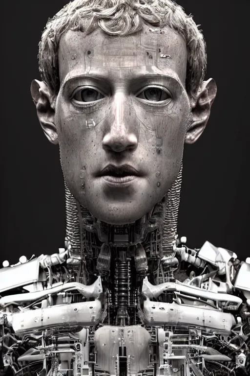 Image similar to mark zuckerberg as a robot, photorealistic, cinematic lighting, highly detailed, very intricate, by hr giger