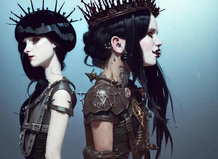 Image similar to portrait of two cute goth maiden girls with crown of thorns and white short hairs, dressed in leather belts, warhammer, cyberpunk, by atey ghailan, by greg rutkowski, by greg tocchini, by james gilleard, by joe gb fenton, by kaethe butcher, dynamic lighting, gradient light blue, brown, blonde cream and white color in scheme, grunge aesthetic