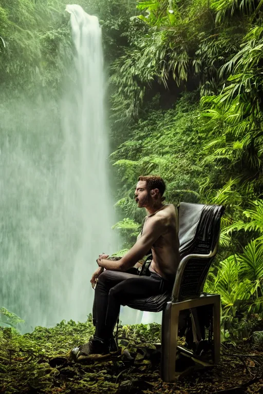 Image similar to movie closeup young man with a grey beard in a cyberpunk suit sitting on a futuristic chair at the edge of a jungle waterfall by emmanuel lubezki