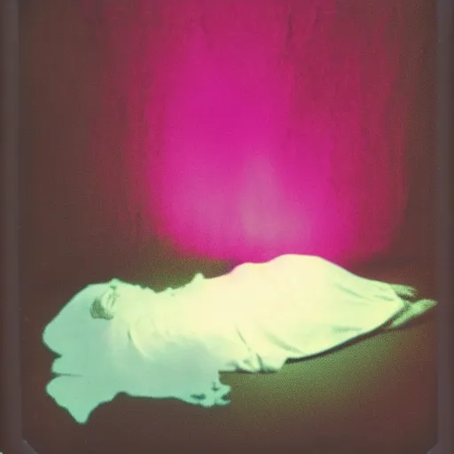 Image similar to coloured atmospheric polaroid photo of a with transparent ghostly banshee corpse body floating in old living room lighted with flashlight interior