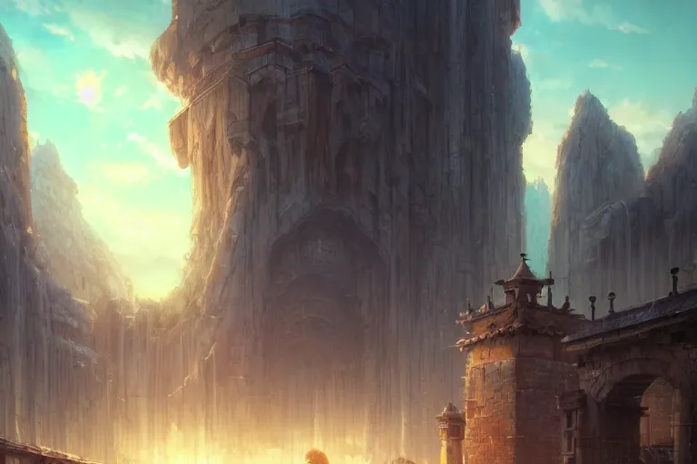 Image similar to ultra realistic, huge gate, colors, 8 k, hd, details, fantasy, epic, ancient city, landscape illustration concept art anime key visual trending pixiv fanbox by wlop and greg rutkowski and makoto shinkai and studio ghibli and kyoto animation symmetrical facial features