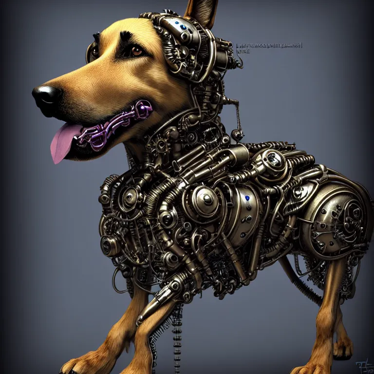 Prompt: steampunk cybernetic biomechanical german shepard dog, 3 d model, very coherent symmetrical artwork, unreal engine realistic render, 8 k, micro detail, intricate, elegant, highly detailed, centered, digital painting, artstation, smooth, sharp focus, illustration, artgerm, tomasz alen kopera, wlop