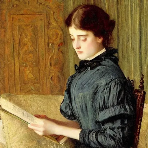 Image similar to young victorian lady being scared by the book she is reading, painted by alfred stevens