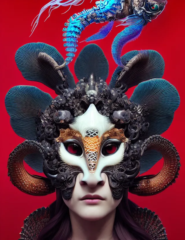 Image similar to 3 d goddess close - up frontal portrait with ram skull. beautiful intricately detailed japanese crow kitsune mask and clasical japanese kimono. betta fish, jellyfish phoenix, bio luminescent, plasma, ice, water, wind, creature, artwork by tooth wu and wlop and beeple and greg rutkowski