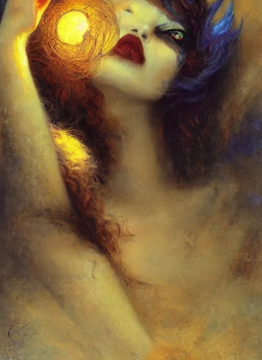 Image similar to surrealism, abstract, witch, portrait, close - up, make up, full big moon, painting by gaston bussiere and albuquerque, soft light