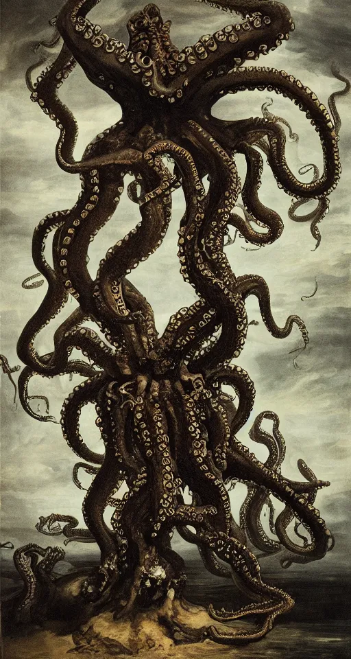 Image similar to mansion house of hungry giant octopus, standing on piles of limbs and bones, hyperrealistic, horror, gothic, lovecraftian, 4 k, realistic, high detail, gruesome, by francisco goya