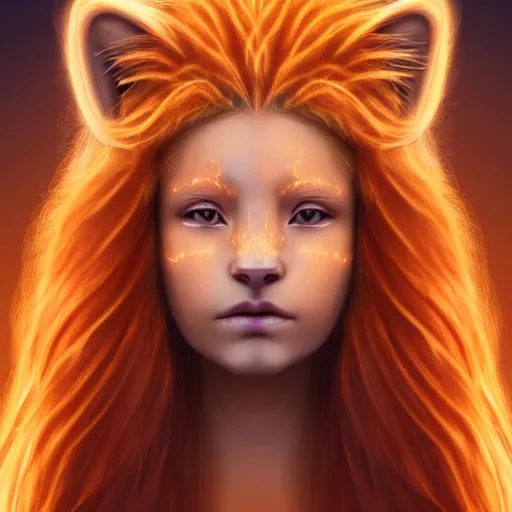 Image similar to Portrait of a girl angel with pale orange colored frizzy strands of illuminated hair, Lion essence, cat ears on her head, glowing halo, Lion's Mane, Cosmic, Lion's Gate, 8/8, fantasy, intricate, elegant, highly detailed, digital painting, artstation, concept art, smooth, sharp focus, illustration, art by Krenz Cushart and Artem Demura and alphonse mucha